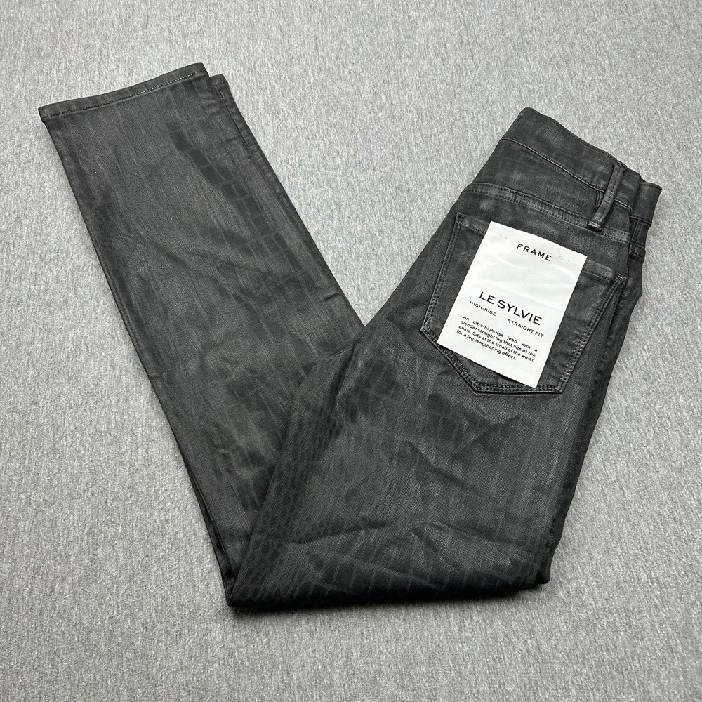 Frame Denim Jeans Le Sylvie Slender‎ Straight Womens 24 Black Pattern NEW